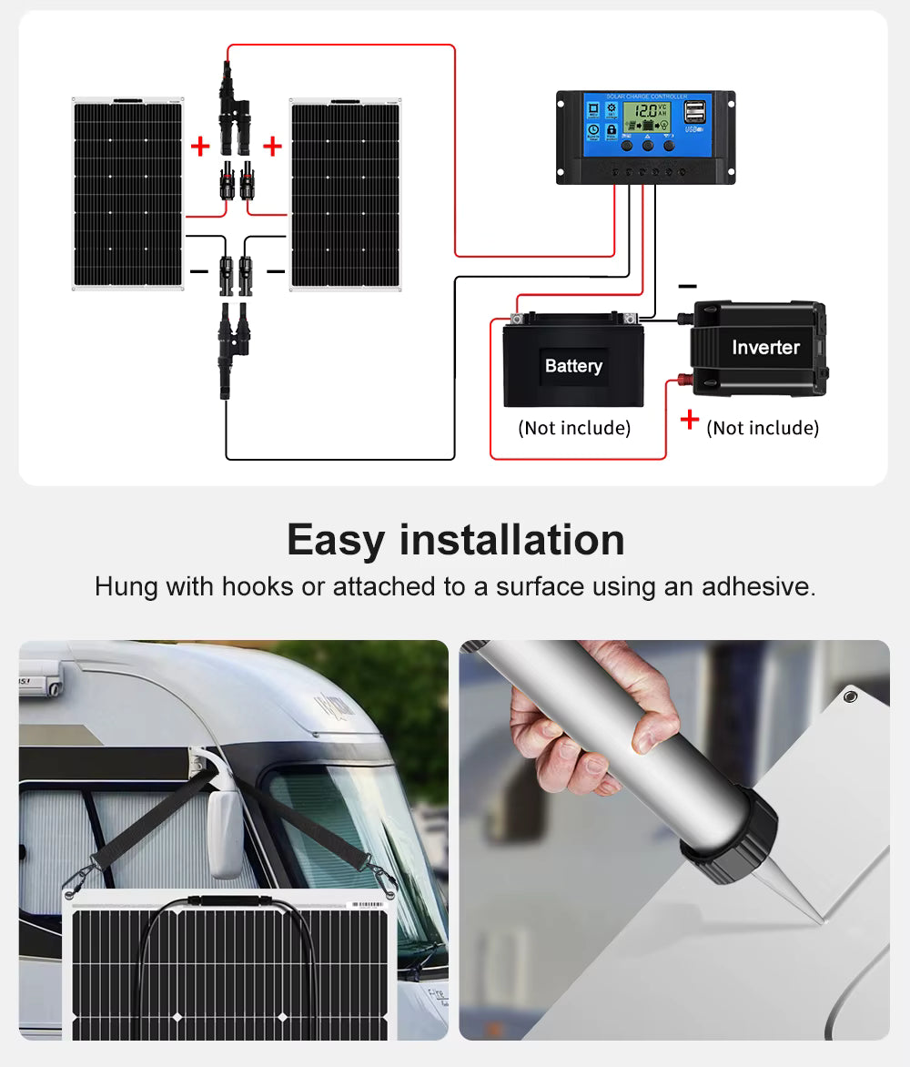 DOKIO solar panel installation guide showing surface mounting using silicone adhesive