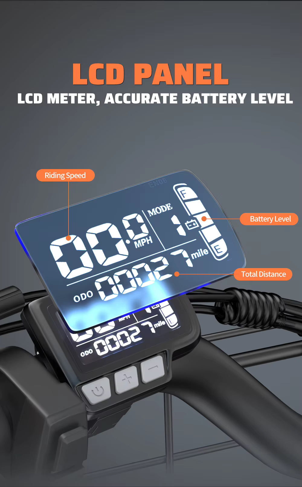 E-bike LCD speedometer with various indicators on a dark background