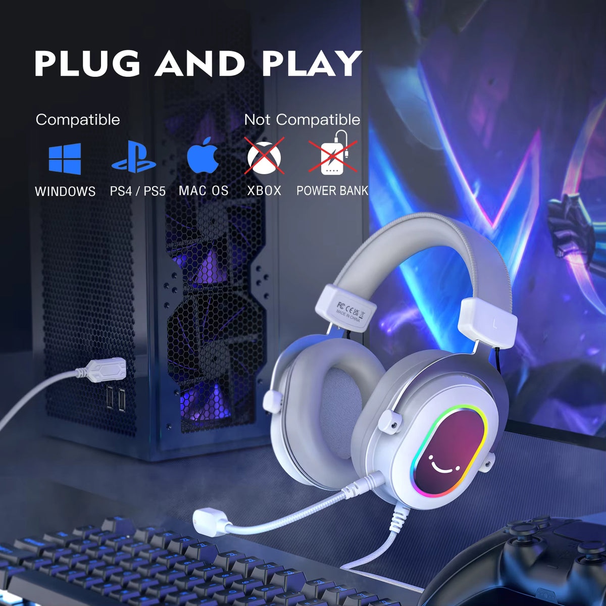 Promotional graphic demonstrating plug-and-play compatibility across Windows, Mac, PS4, and PS5