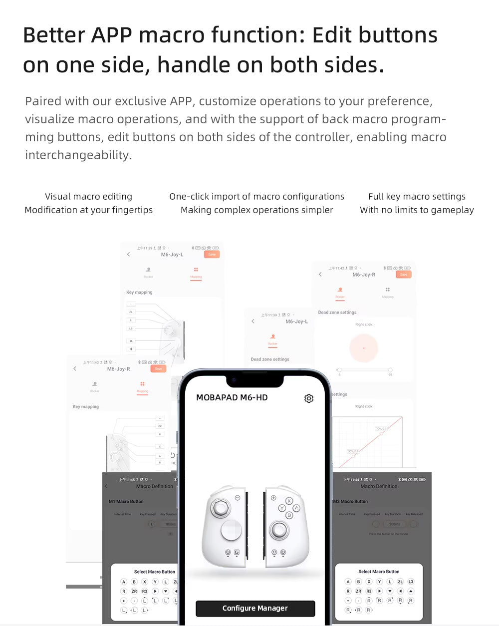 Infographic showcasing the App-based macro editing features and independent button mapping on the Mobapad M6 HD.