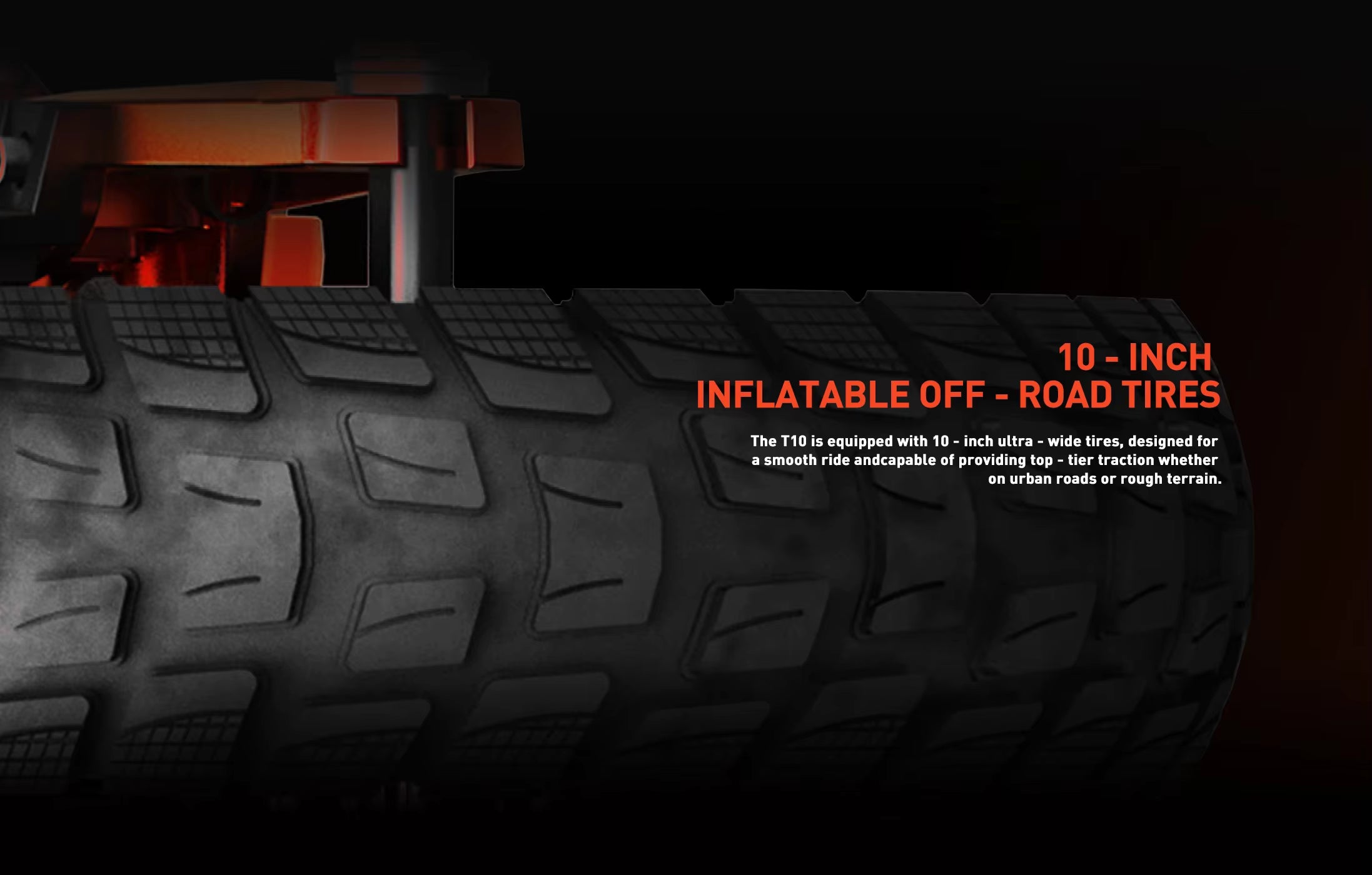 Inflatable off-road tire with tread pattern and text on a dark background