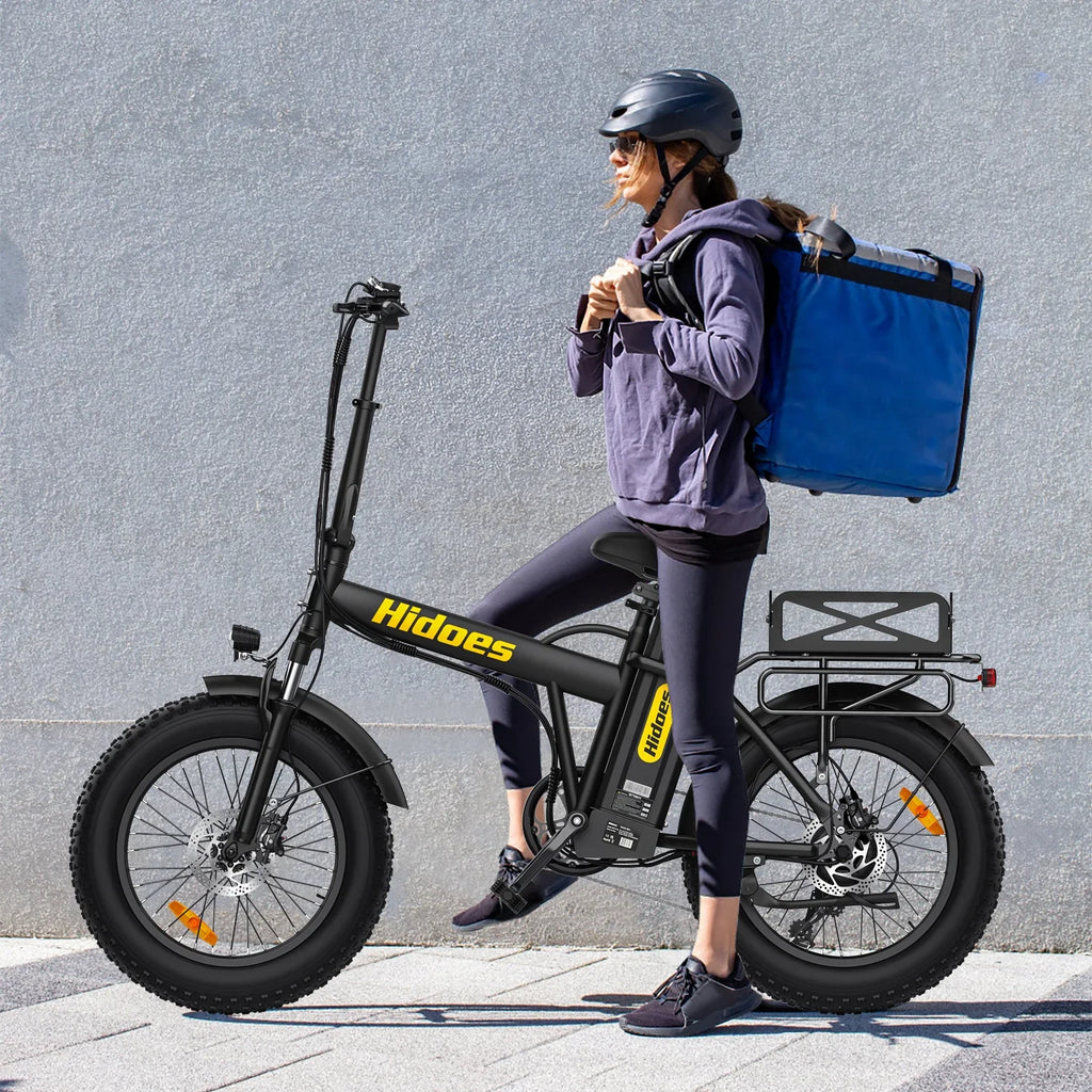Person with a blue delivery bag on an black Hidoes  HD-F3PRO electric bike with 'Hidoes' branding.