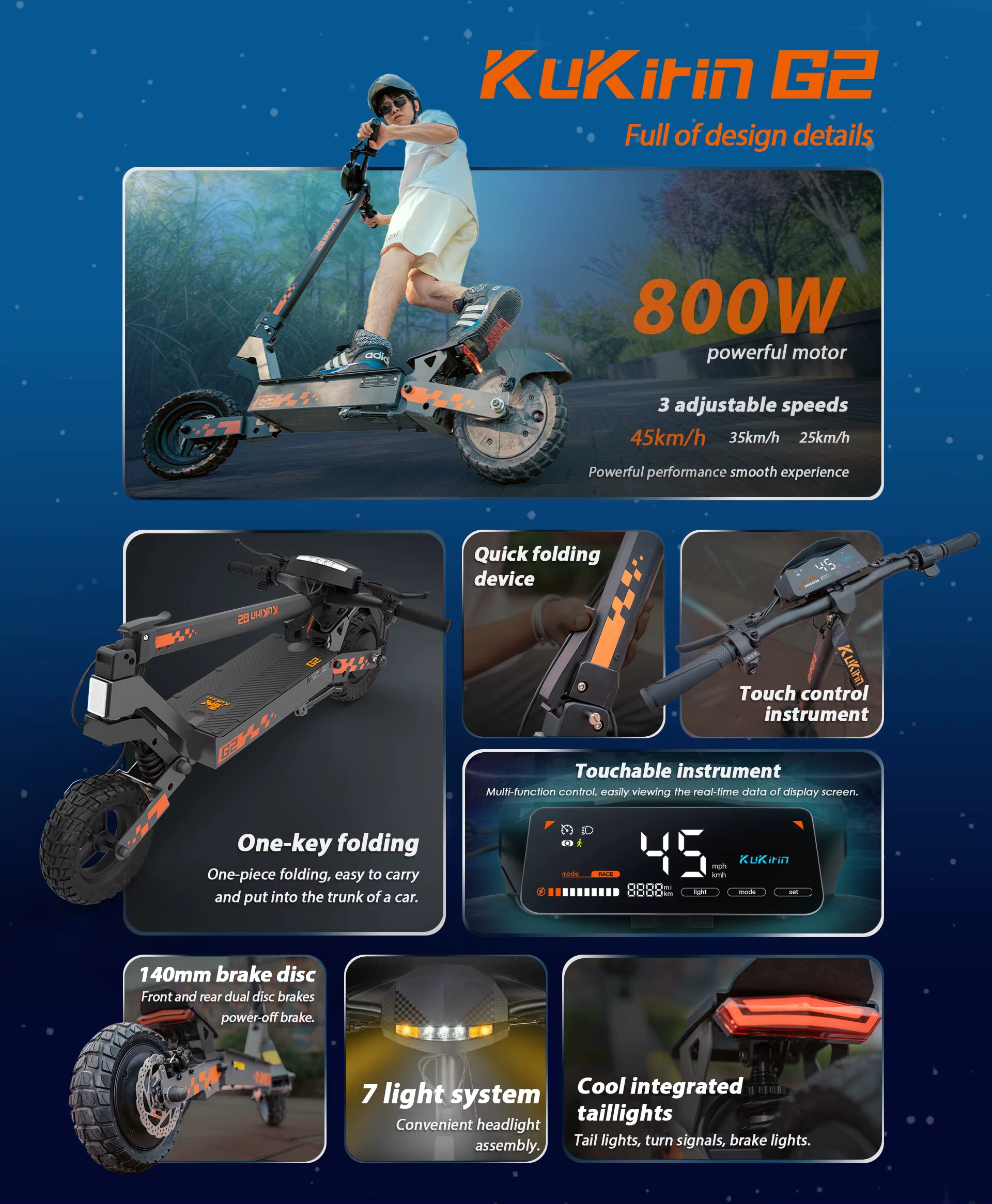 KuKitin G2 800W electric scooter with features highlighted on a blue background