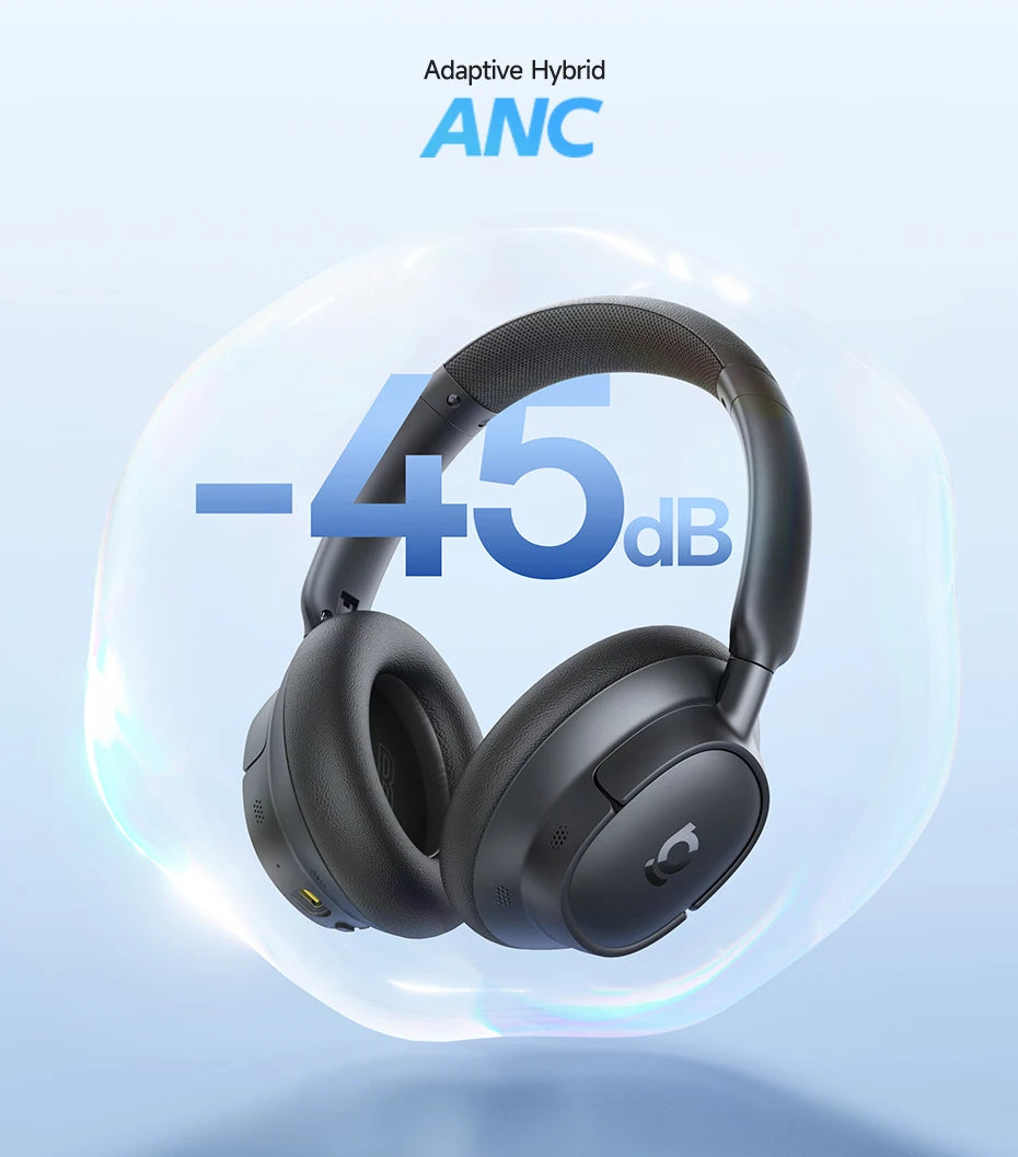 Black headphones with 'Adaptive Hybrid ANC' and '-45 dB' text on a light blue background
