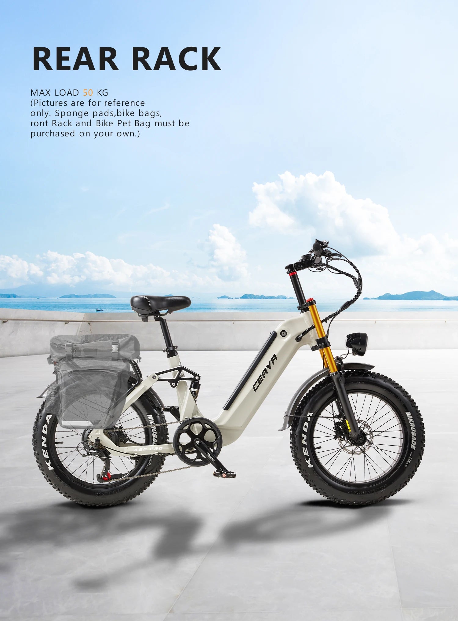 Electric bike with a rear rack on a beach with a blue sky background