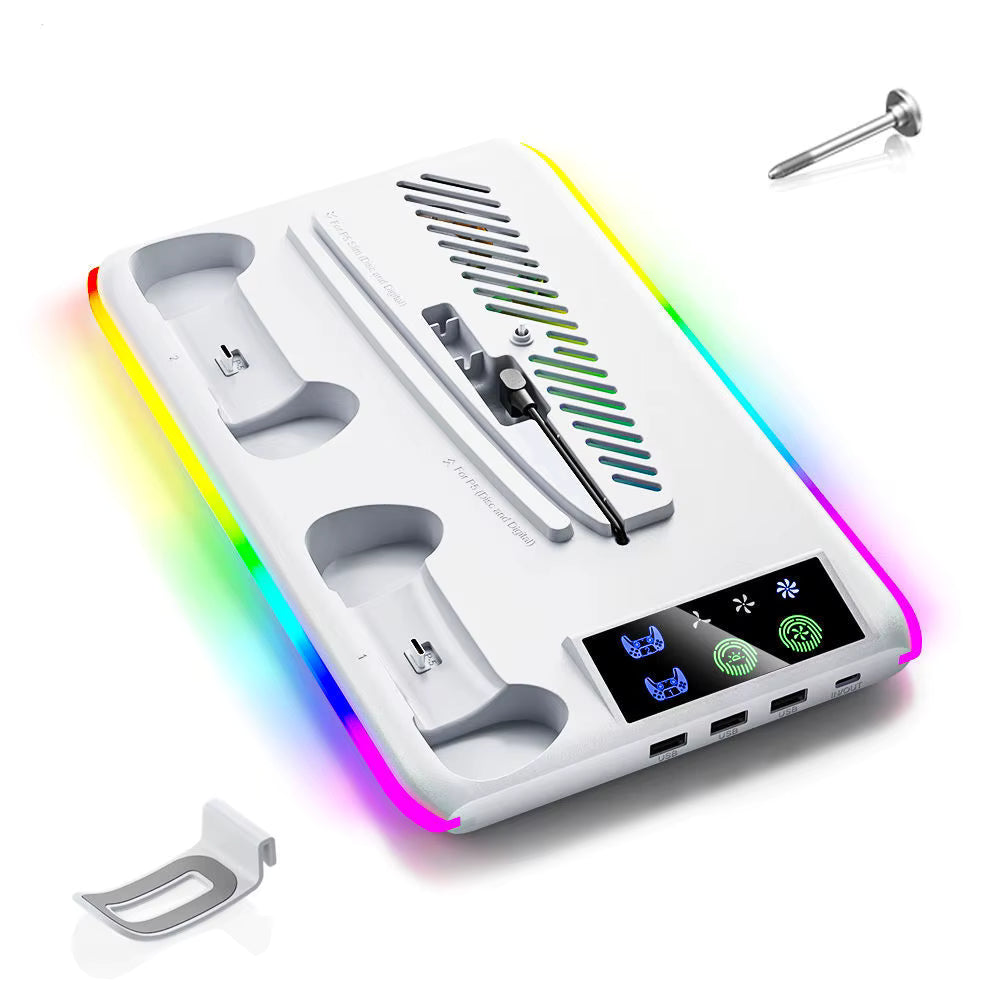 Glacier White PS5 thermal dock overhead view featuring dual controller bays, touch controls, and fixing screw
