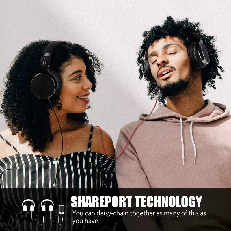 Two people wearing headphones with Shareport Technology branding.
