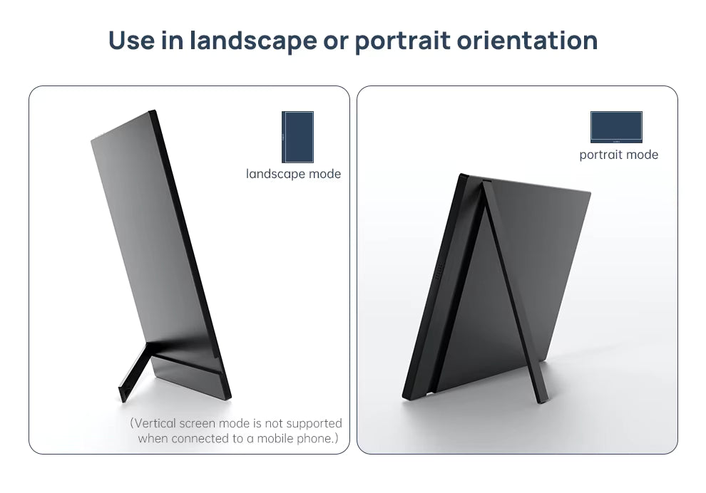 A product diagram showing a black ARZOPA Z1FC freestanding display screen in two orientation modes: landscape mode on the left and portrait mode on the right, with text explaining use in landscape or portrait orientation.