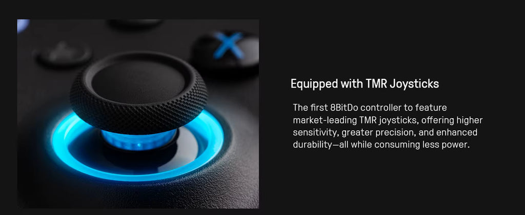 8BitDo promotional graphic highlighting the TMR Joysticks, featuring a close-up product shot of a black controller's textured thumbstick surrounded by a vibrant glowing blue fire ring LED, alongside text detailing higher sensitivity, precision, and low power consumption.