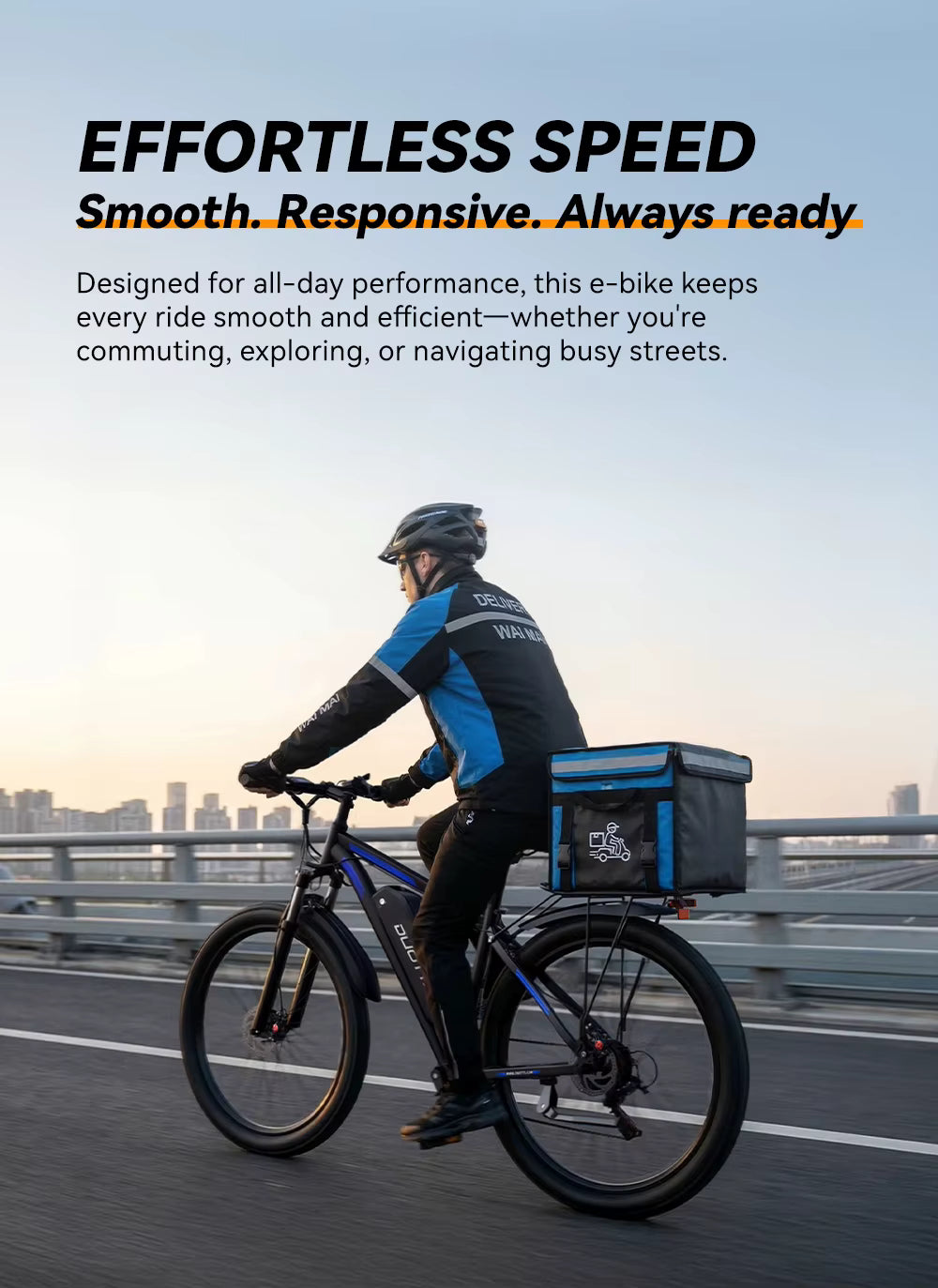 Person riding an electric bike with a cityscape background, emphasizing ease of use and efficiency.