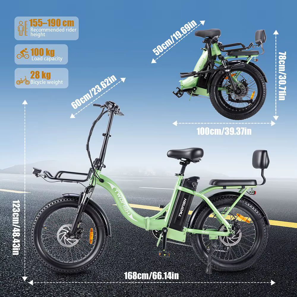 Green electric bike with dimensions and specifications on a blue and road background