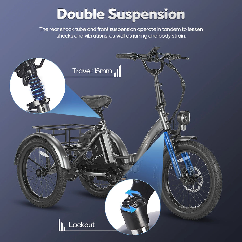 Electric tricycle with double suspension features on a blue background