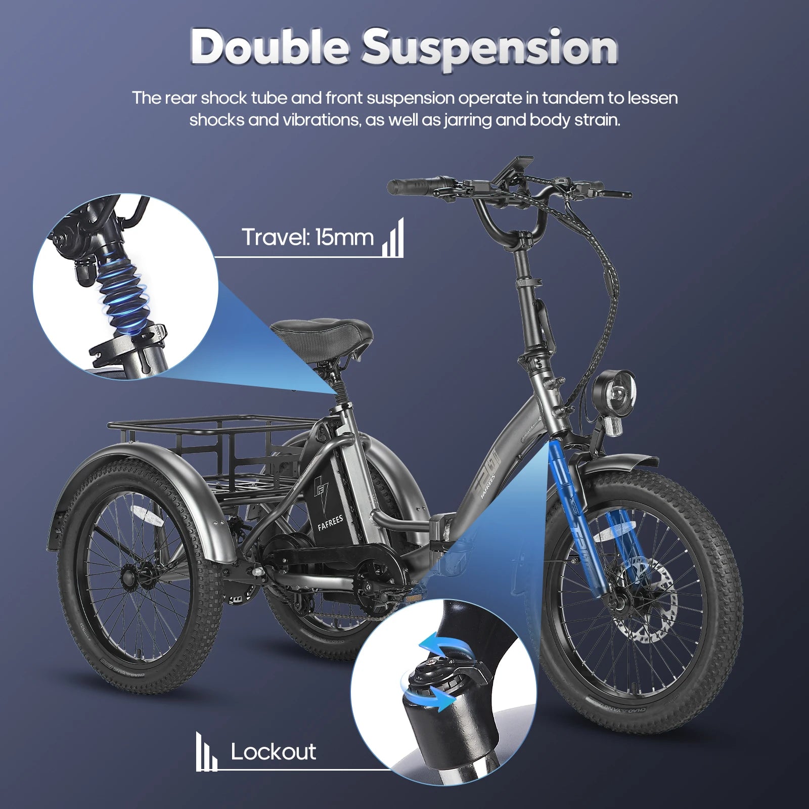 Electric tricycle with double suspension features on a blue background