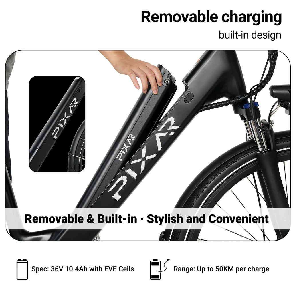 Black electric bike with a removable charging design, featuring the brand 'PIXAR'.
