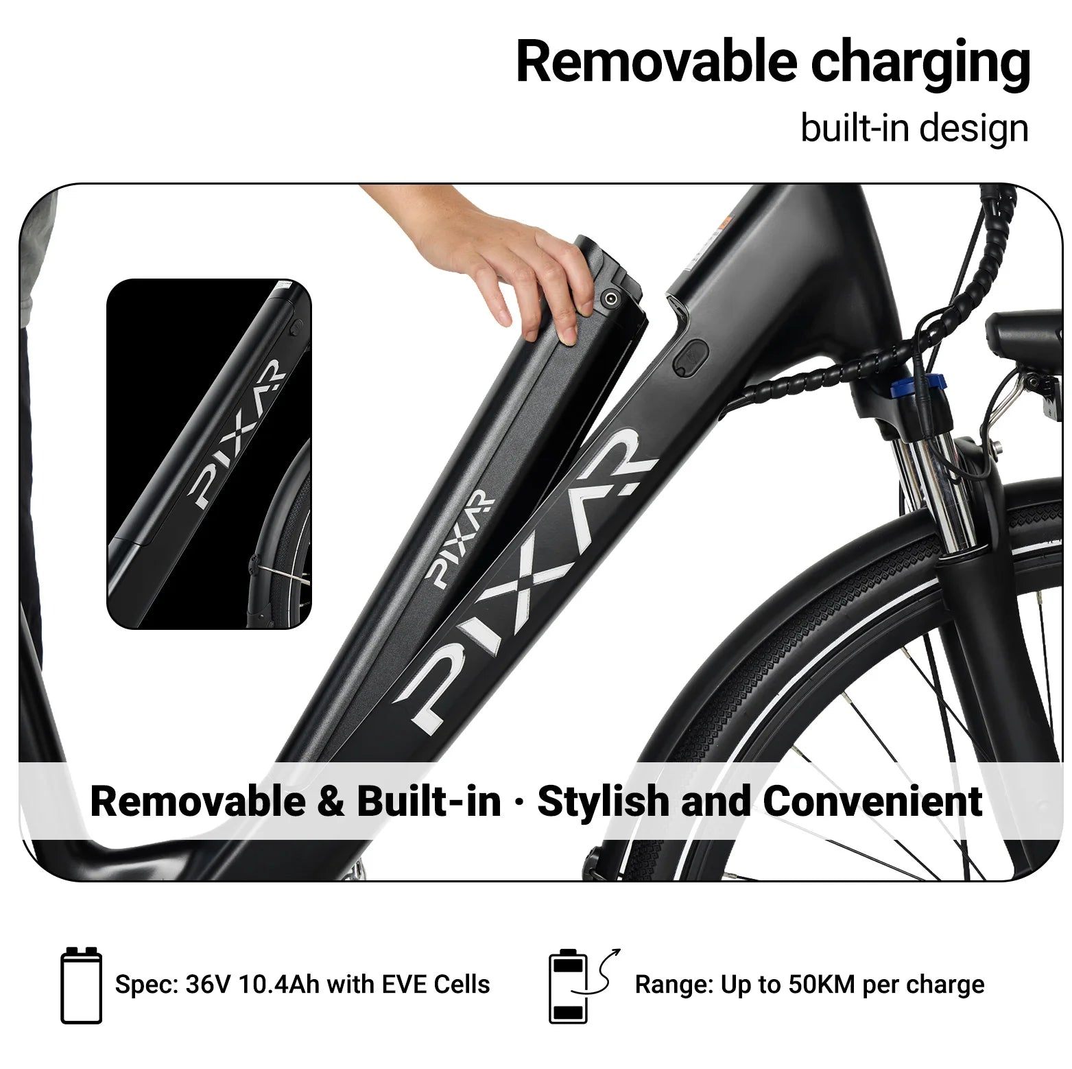 Black electric bike with a removable charging design, featuring the brand 'PIXAR'.