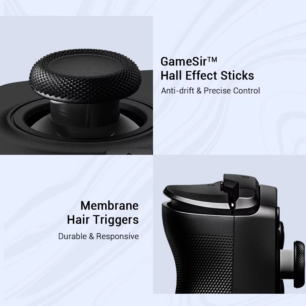 GameSir hall effect sticks with text on anti-drift, precise control, membrane hair triggers, and durability.