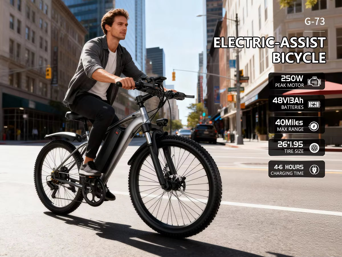 Man riding an electric-assist bicycle on a city street with product specifications displayed.