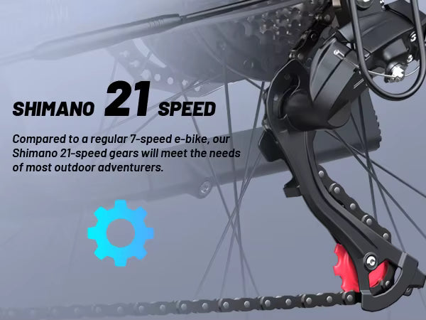 DUOTTS C29 Electric Bike Feature Graphic Highlighting Shimano 21 Speed Gear Derailleur System