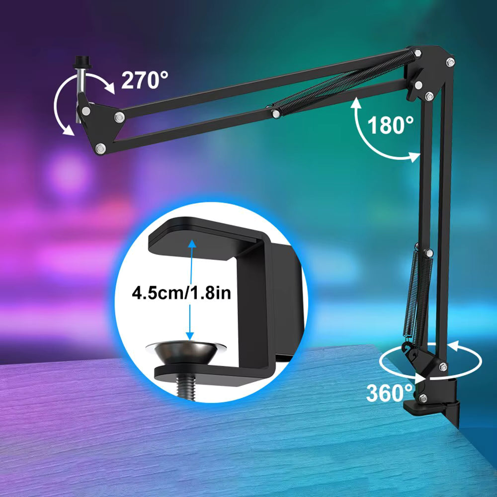 Technical diagram showing the 270-degree and 380-degree boom arm articulation range and sturdy desk clamp dimensions