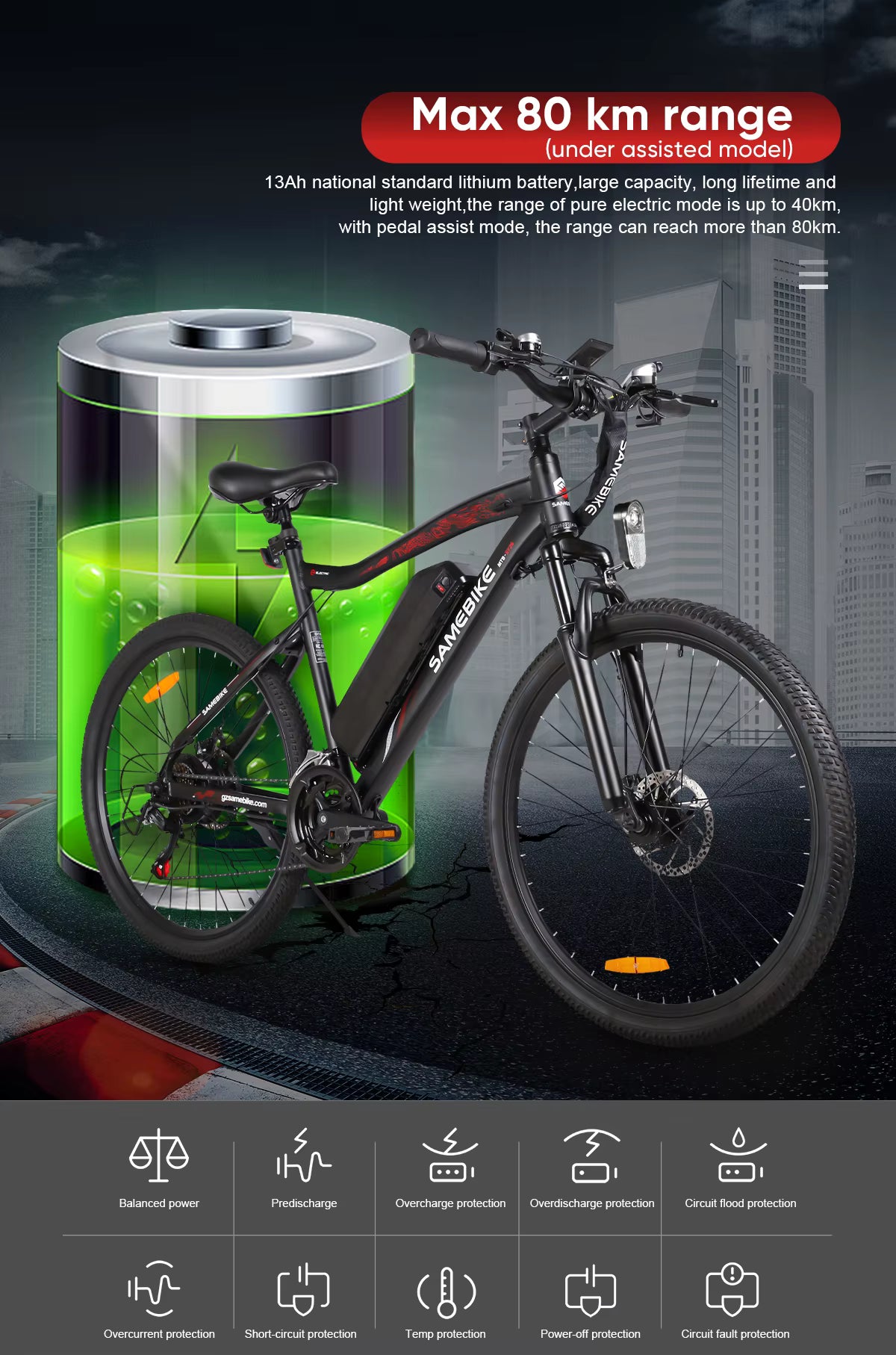 Electric bike with a large battery display and cityscape background