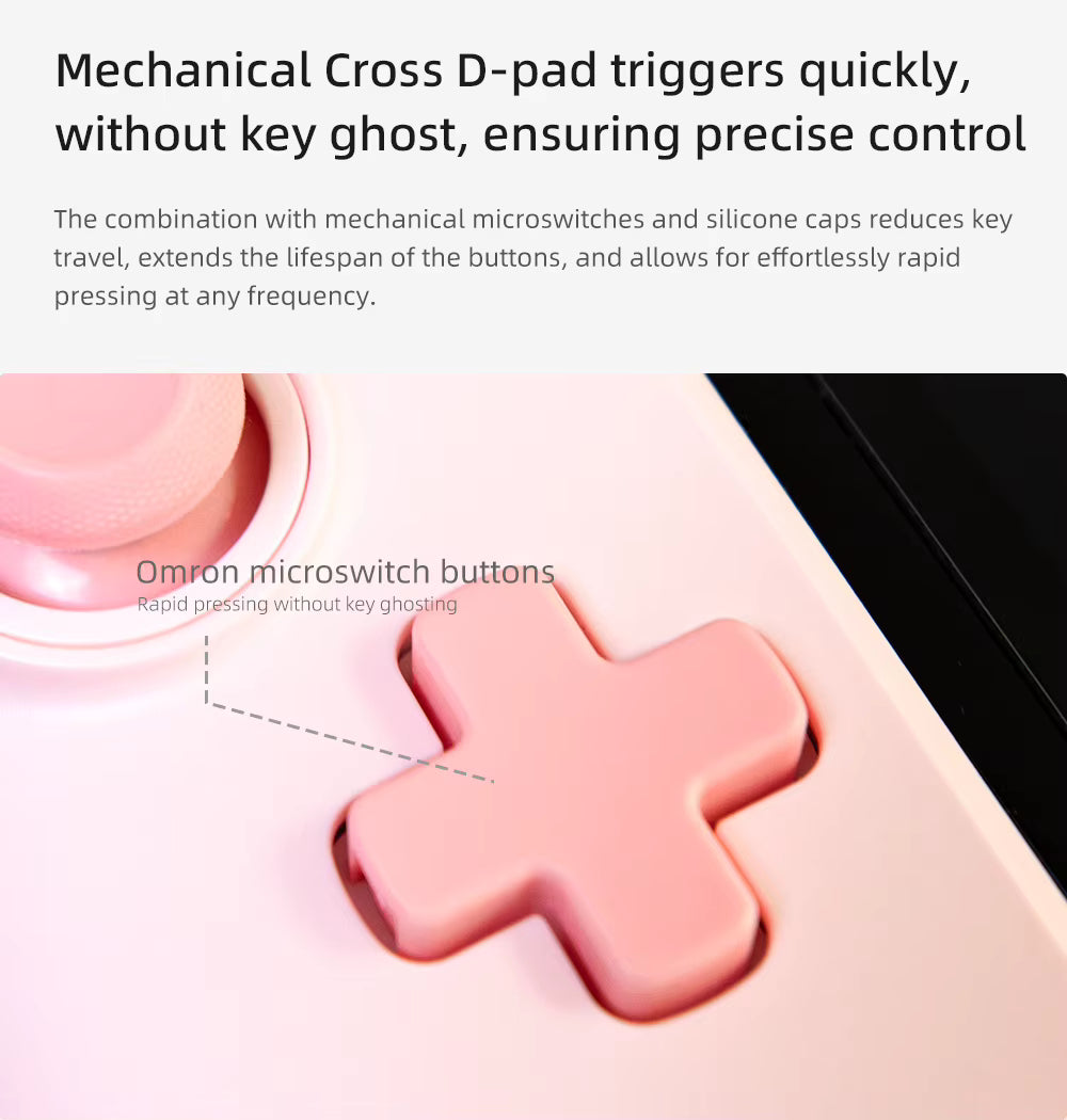 Extreme close-up of the Pink D-Pad module, illustrating the mechanical switch mechanism for rapid response.