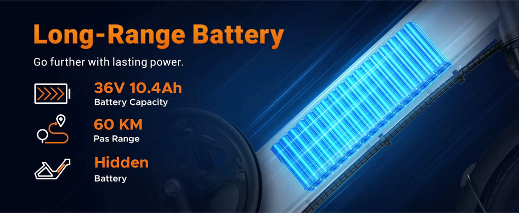 Battery pack with technical specifications on a dark background