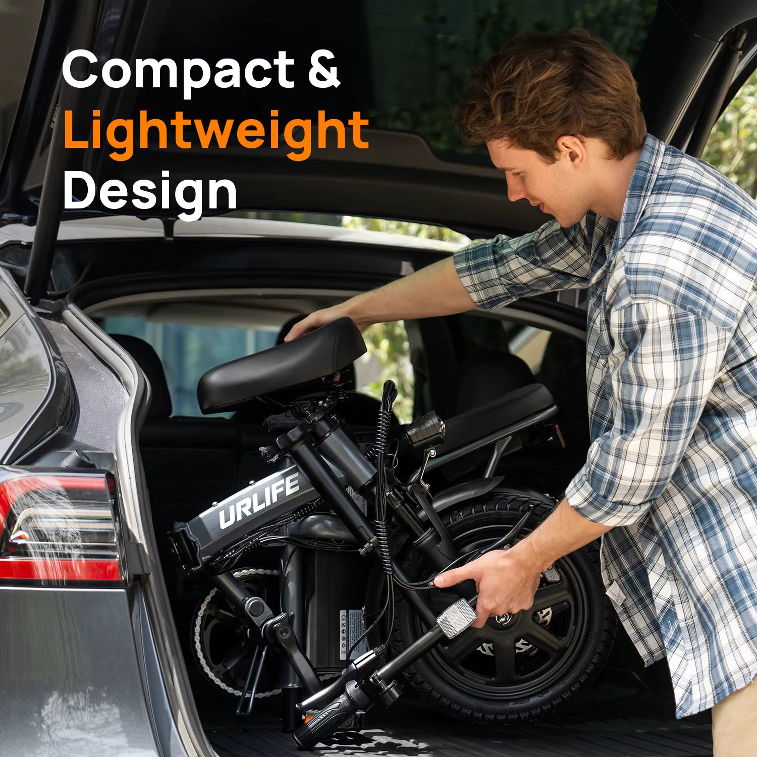 Person loading a folded bike into a car trunk with text 'Compact & Lightweight Design'.