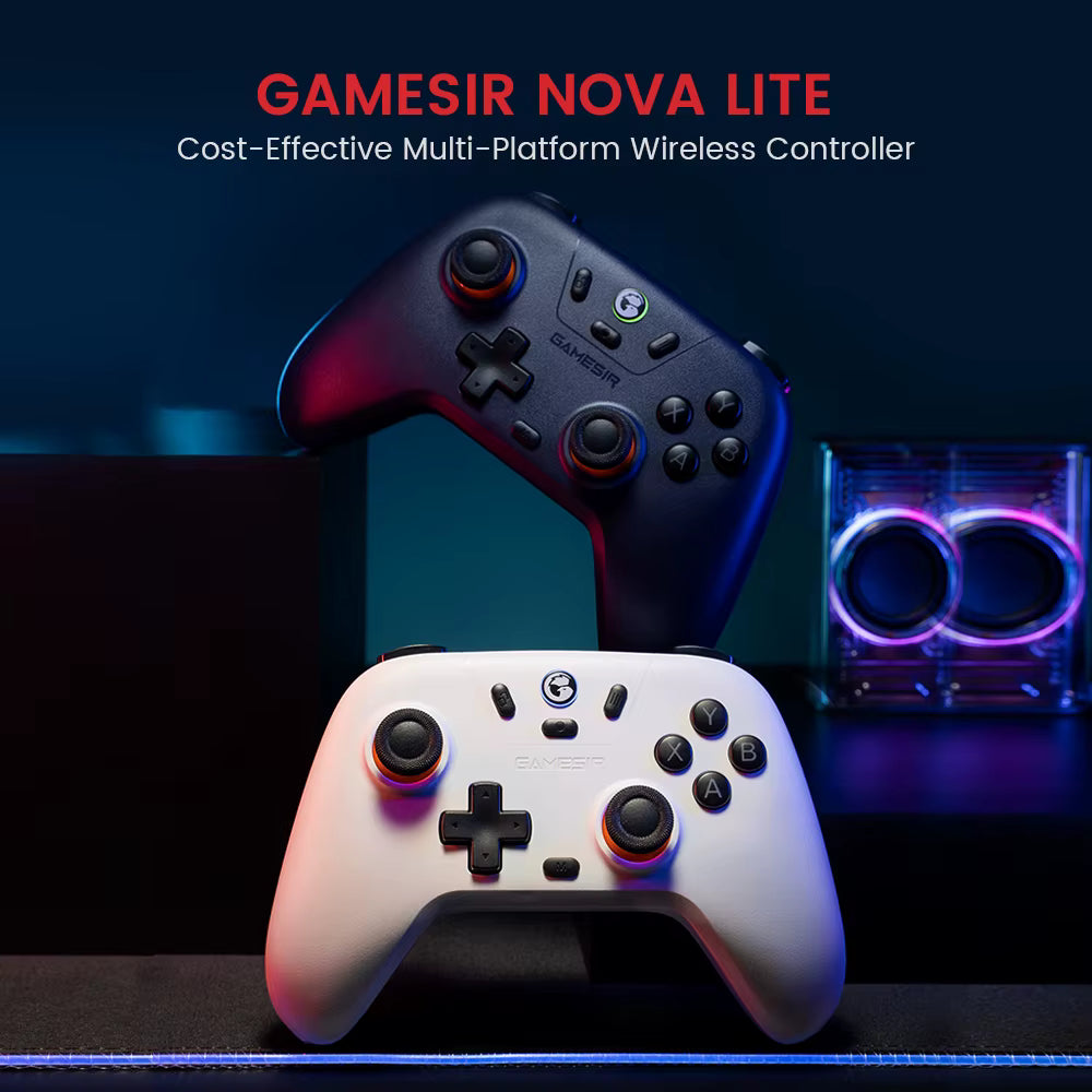 GameSir Nova Lite multi-platform wireless controllers in dark grey and stellar white displayed on gaming setup