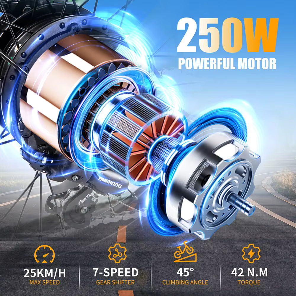 Motor with Shimano branding and specifications on a road background
