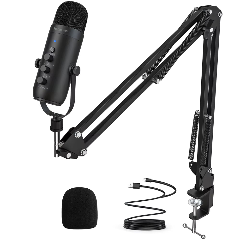 Haomuren USB streaming condenser microphone kit with adjustable boom arm, desk clamp, windscreen, and USB-C cable displayed on a white background