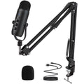Haomuren USB streaming condenser microphone kit with adjustable boom arm, desk clamp, windscreen, and USB-C cable displayed on a white background