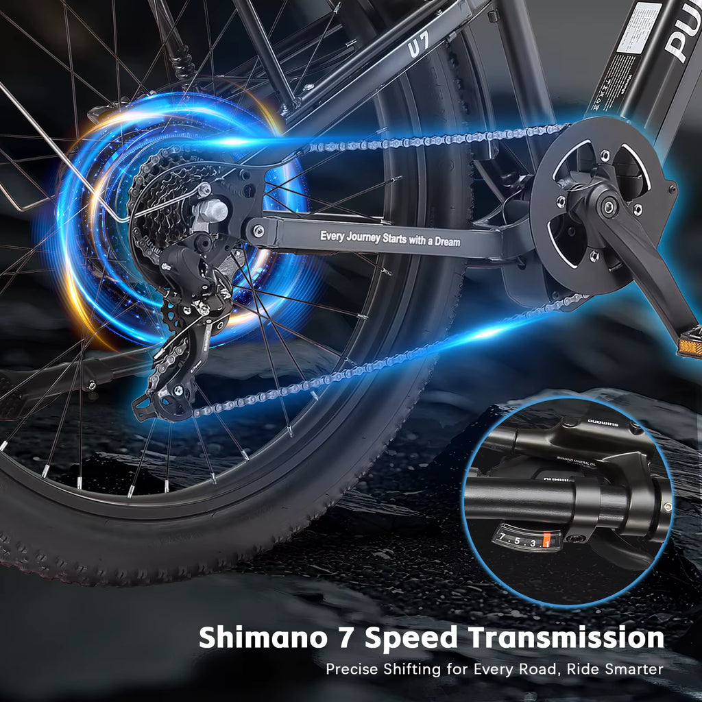 Close-up of a PURE UNICORN U7 e-bike bicycle's Shimano 7-speed transmission system with a dark background.