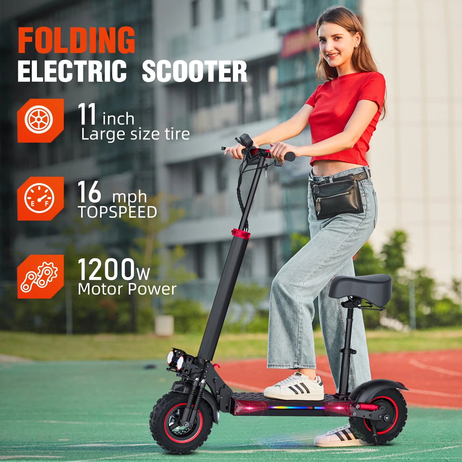 Woman riding a folding electric scooter with product features displayed.