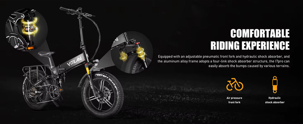 Vitilan i7 Pro 3.0 Electric bike with features highlighted on a dark background
