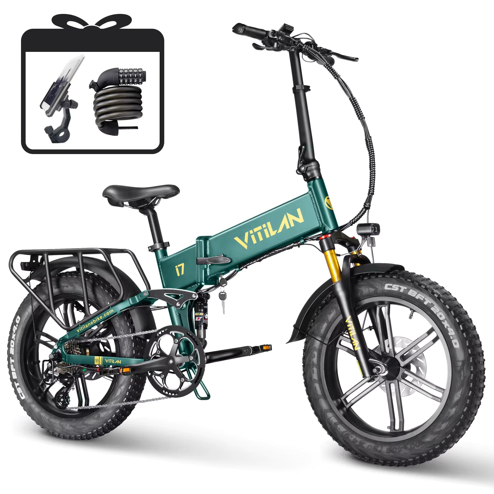 Green Vitilan i7 Pro 3.0 electric bike with accessories included insert with Vitilan branding on a white background