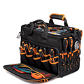 35L Heavy Duty Tool Bag Black and Orange with Front Pockets Open Displaying Tools
