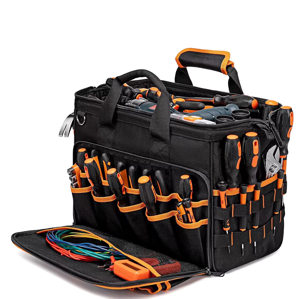 35L Heavy Duty Tool Bag Black and Orange with Front Pockets Open Displaying Tools