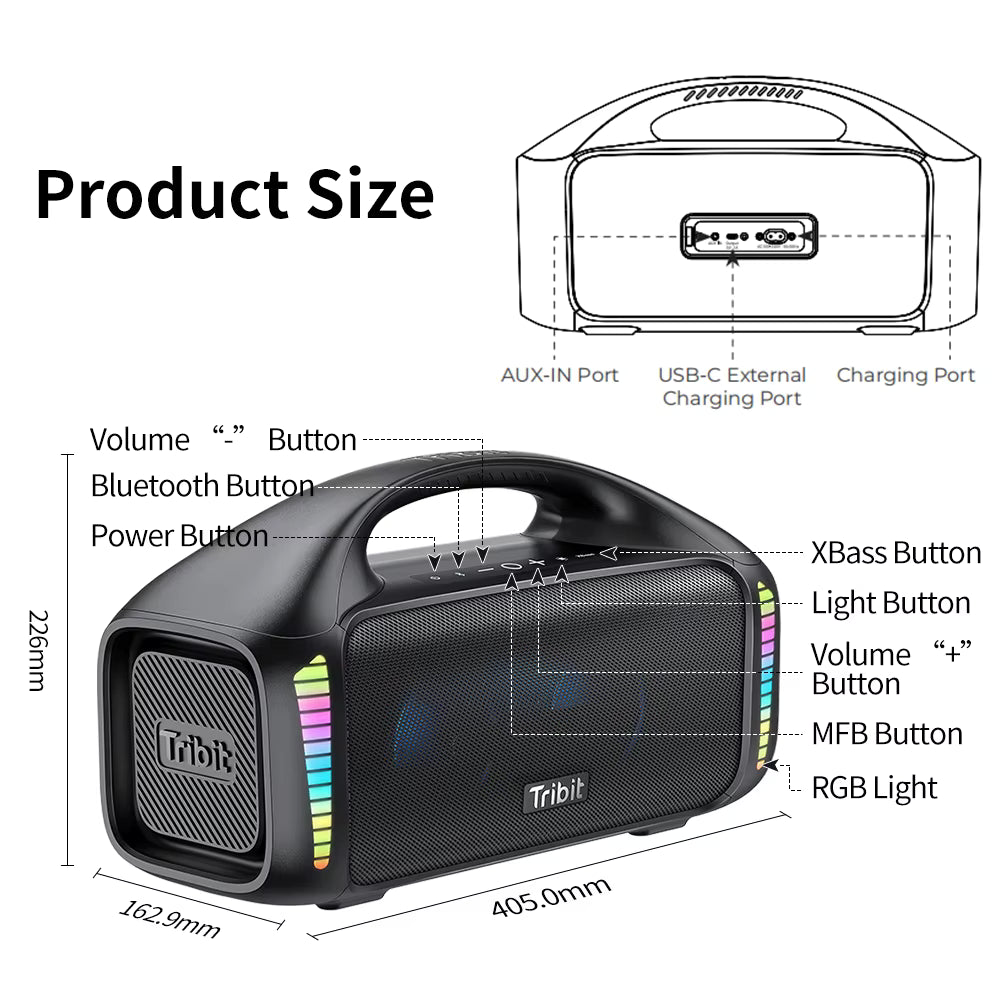 Black portable Tribit StormBox Blast  speaker with labeled buttons and ports on a white background