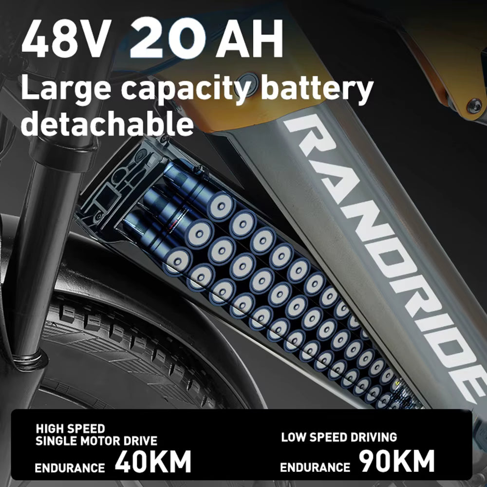 RANDRIDE YX80 electric bike Large capacity detachable battery pack with 'Randride' branding on a dark background