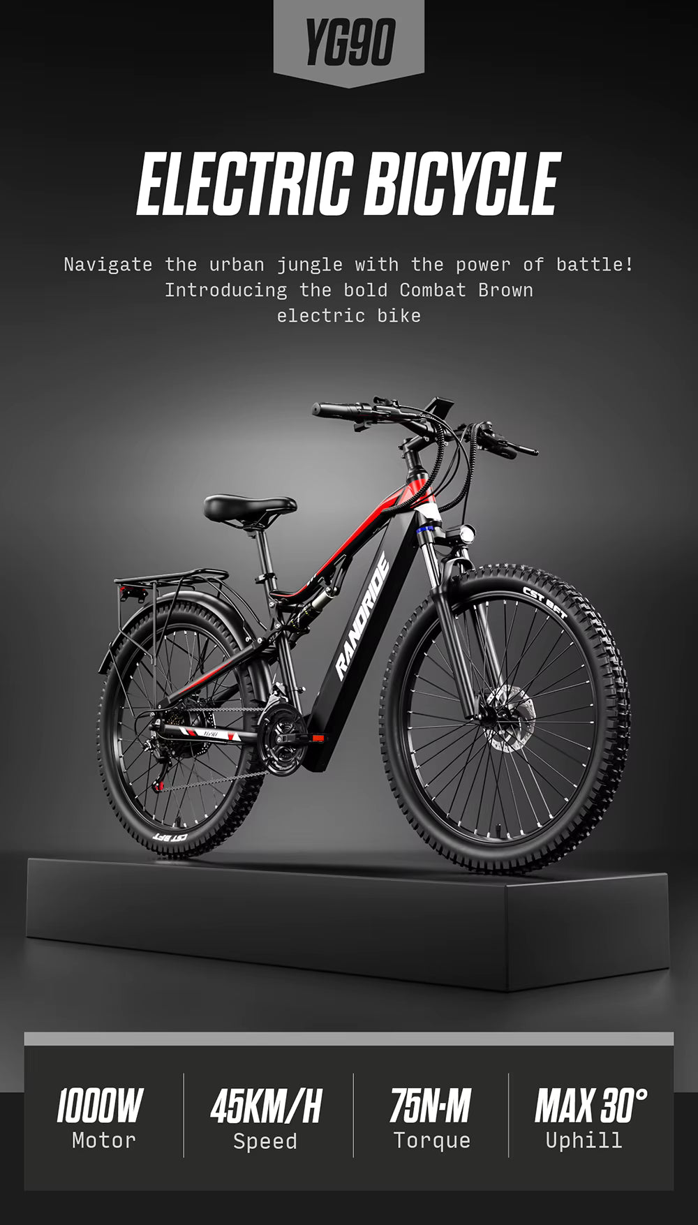 Electric bicycle displayed on a dark gray background with branding and specifications.