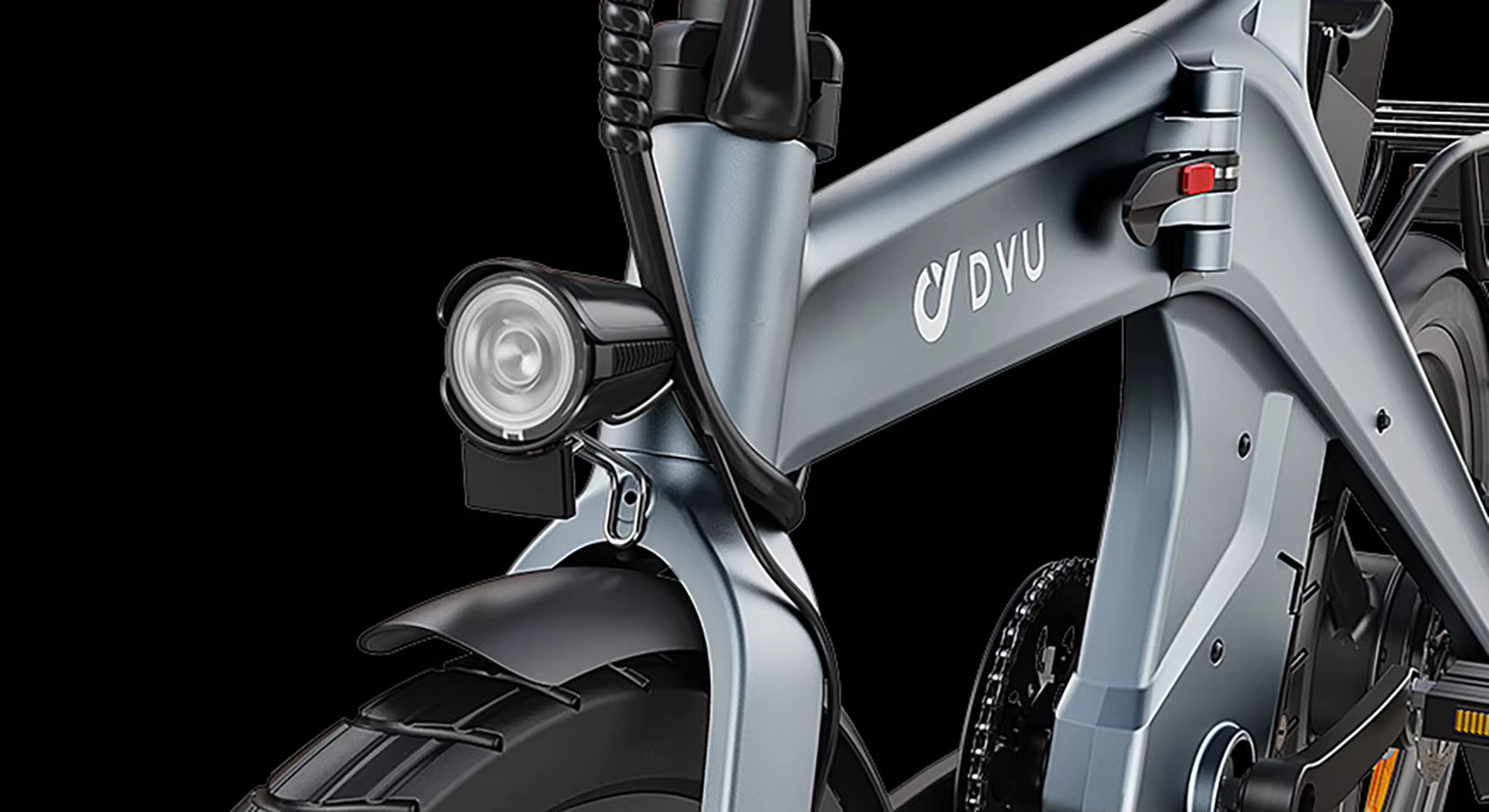 Close-up of a bicycle frame with 'DYU' branding on a black background