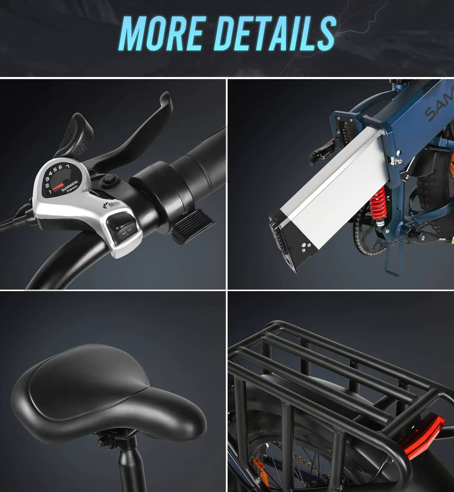 Samebike RS‑A02 PRO Collage of electric bicycle parts including handlebar, seat, and luggage rack on a dark background.