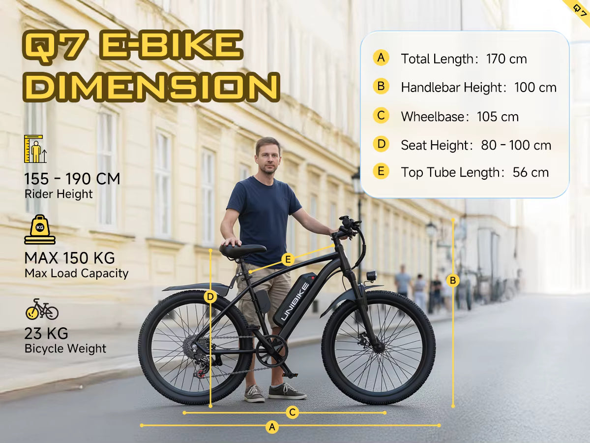 Man holding a Q7 E-bike with dimensions displayed on an urban street background