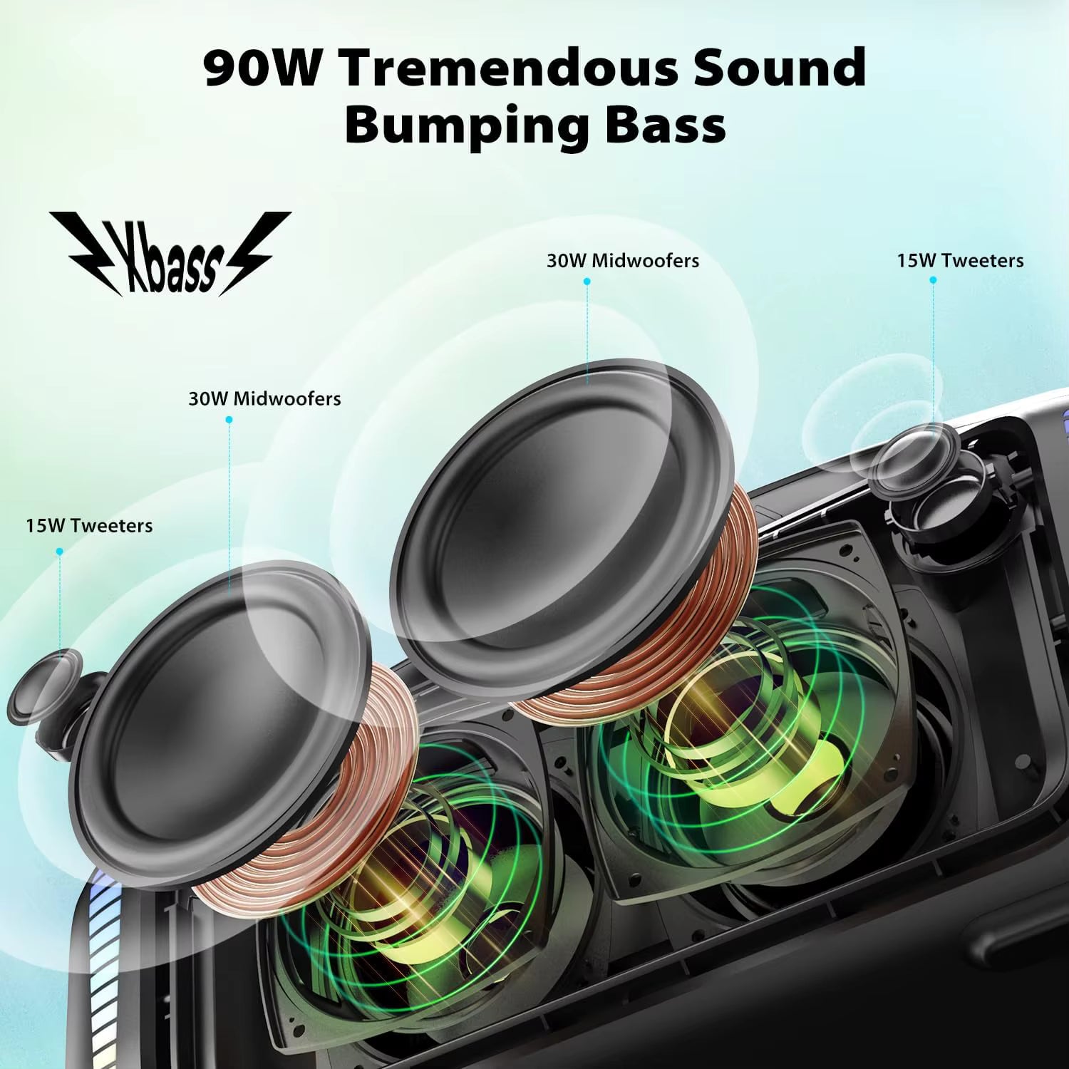 Tribit StormBox Blast Speaker system with detailed components and power distribution on a light blue background, featuring the Xbass logo.