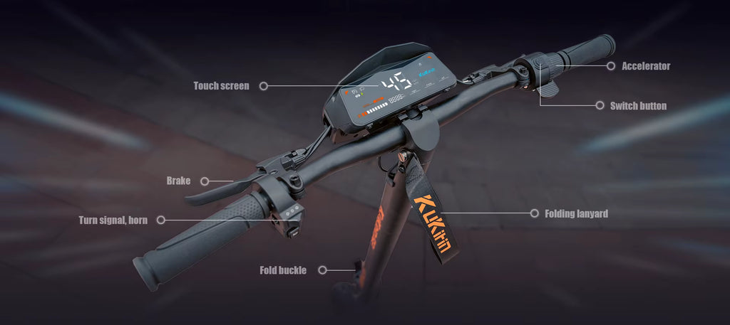 E-scooter handlebars with digital LCD display and branding on a dark background