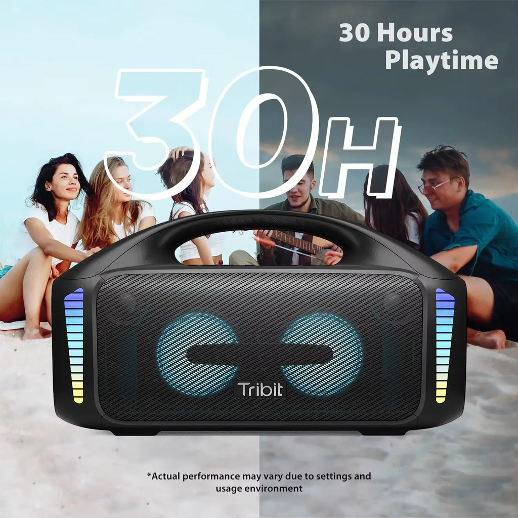 Tribit Bluetooth speaker with 30 hours playtime display, surrounded by people enjoying music.