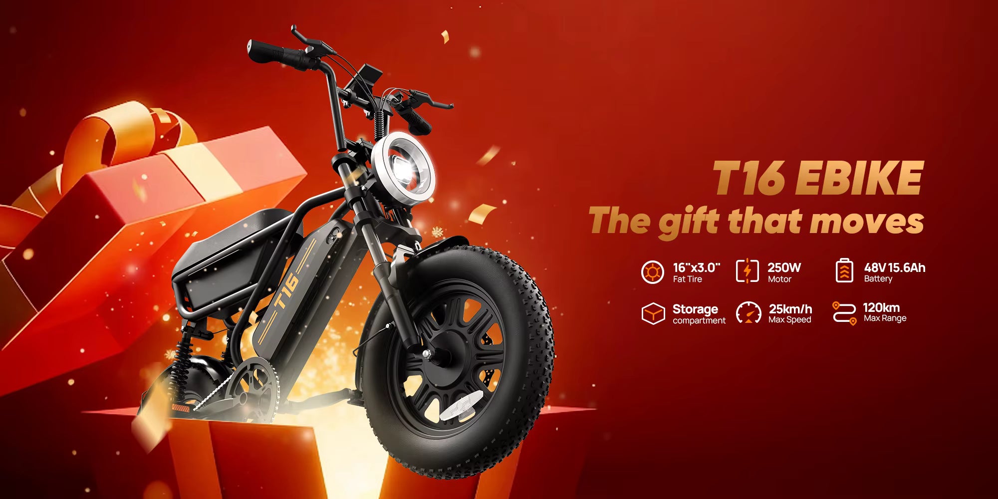 Gift-themed promotional graphic for the Urlife T16 electric bike on a deep red background, highlighting key specs including a 48V 15.6Ah battery, storage compartment, and 120km max range.