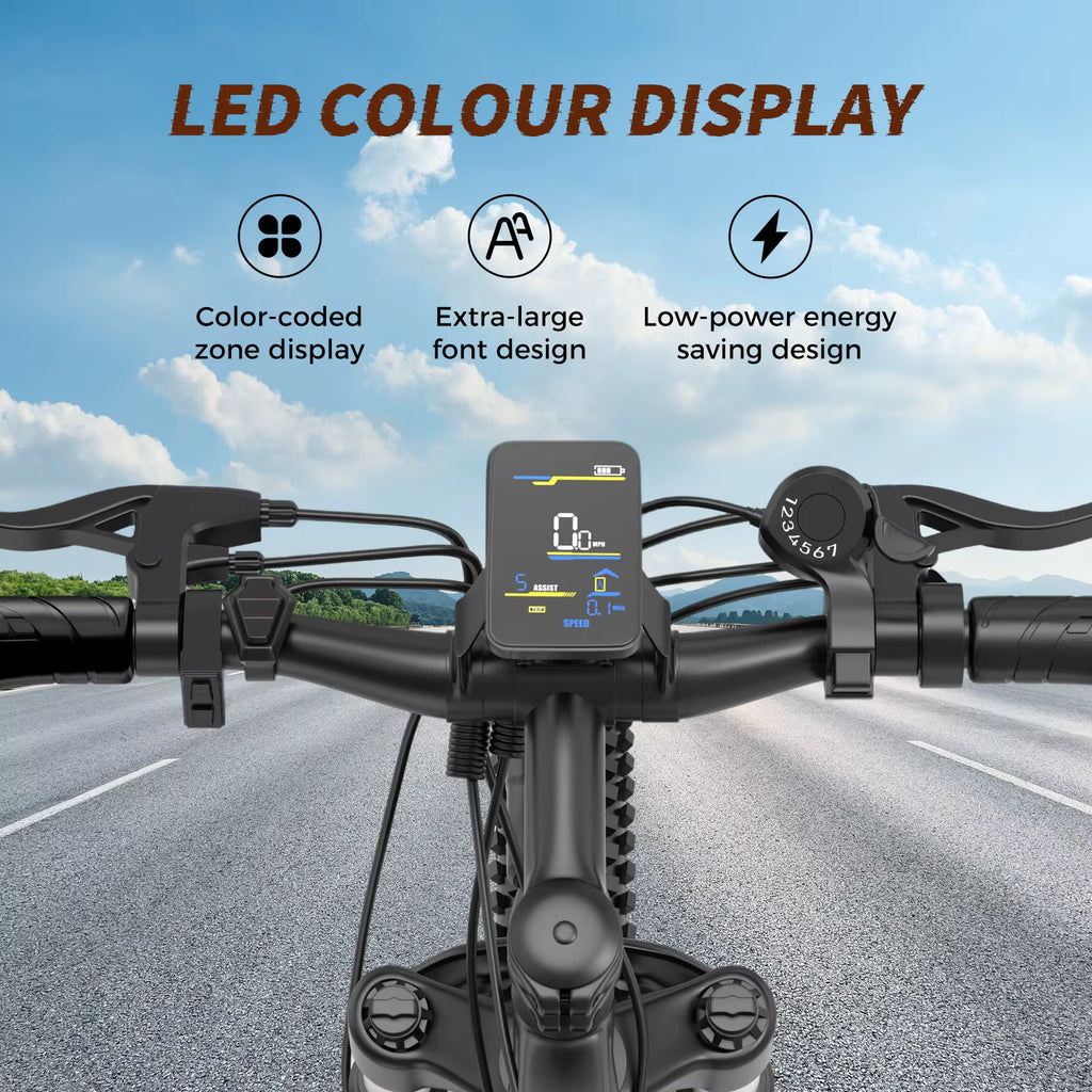Bicycle handlebar with an LED color display against a road and sky background