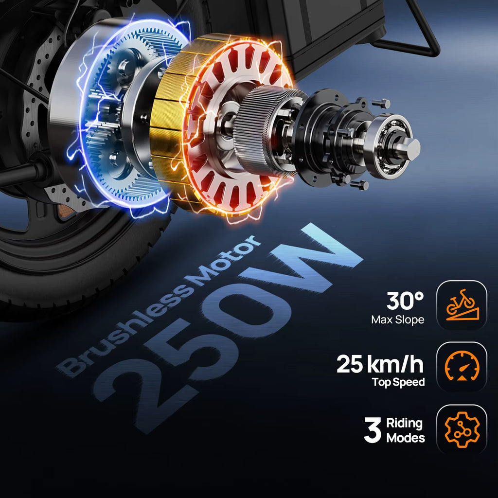 Brushless motor with technical specifications on a dark background