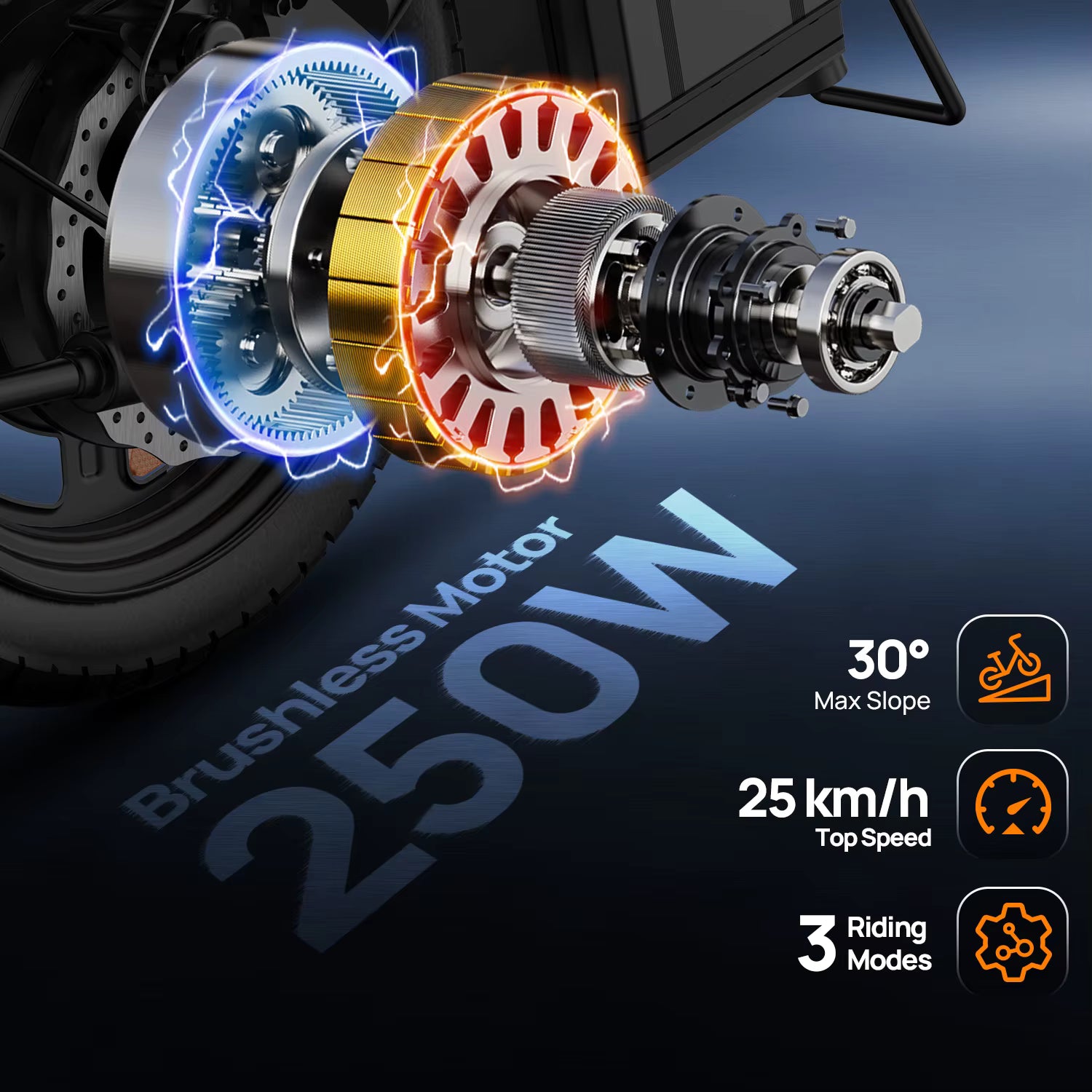 Brushless motor with technical specifications on a dark background